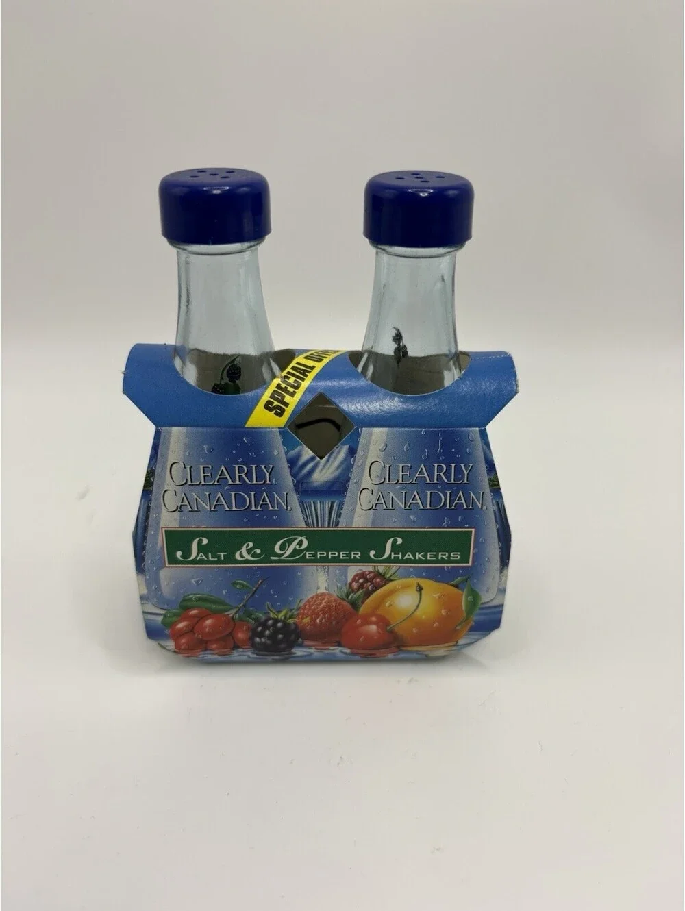 Clearly Canadian Salt Pepper Shakers Vintage 90s Mini Bottle Set Glass Novelty